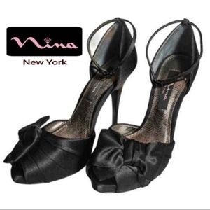 Nina of New York "Black Satin Bow" Peep Toe 4.5" Spike Heel with Ankle Strap